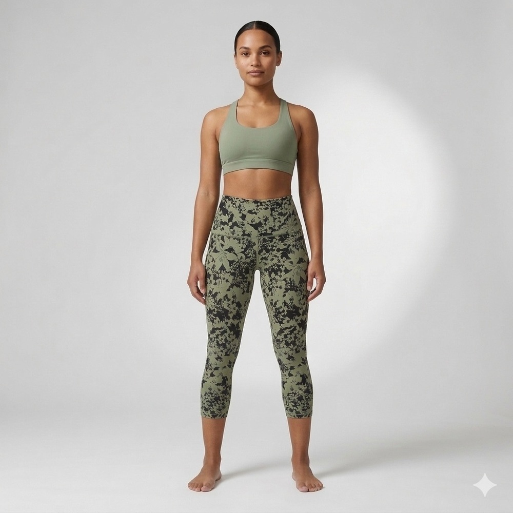 Lululemon High-Waisted Floral Yoga Leggings - Sage Green/Black - 7/8 Length